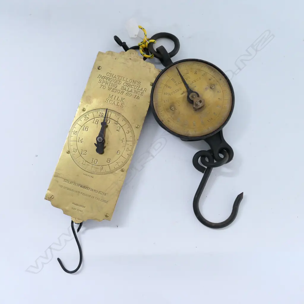 SALTER'S SPRING BALANCE (200lb) AND CHANTILLON'S FLAT FRONT SPRING BALACE 'MILK SCALE' (60lb) INDICATOR HAND REPLACED. Image 1++
